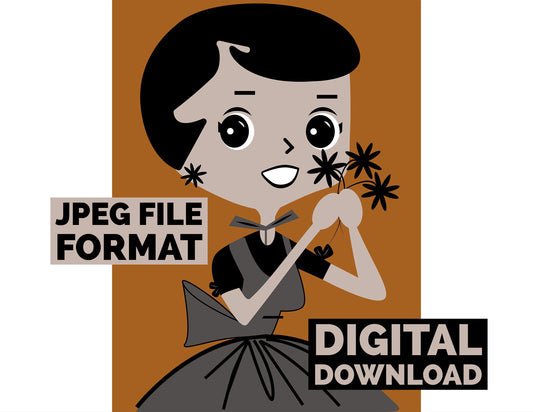 Digital Poster Download Vintage Housewife with Black Flowers Jpeg File Format