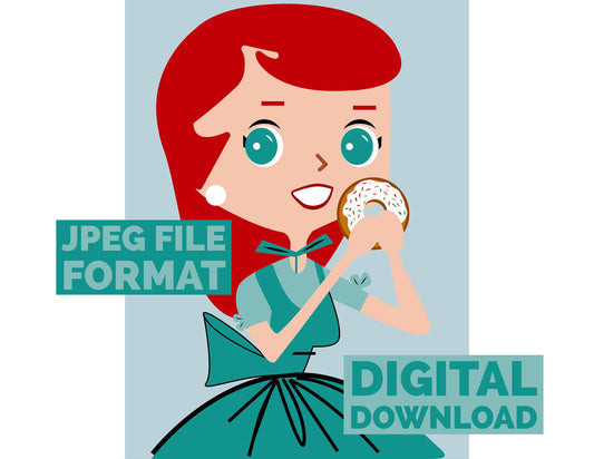 Digital Poster Download Vintage Redhead Eating Doughnut Jpeg File Format
