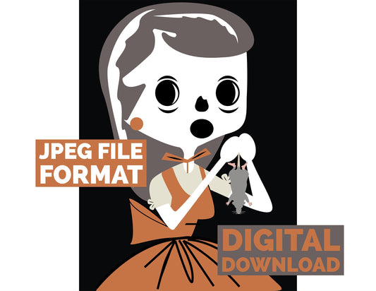 Digital Poster Download Vintage Housewife Skeleton with Rat Jpeg File Format