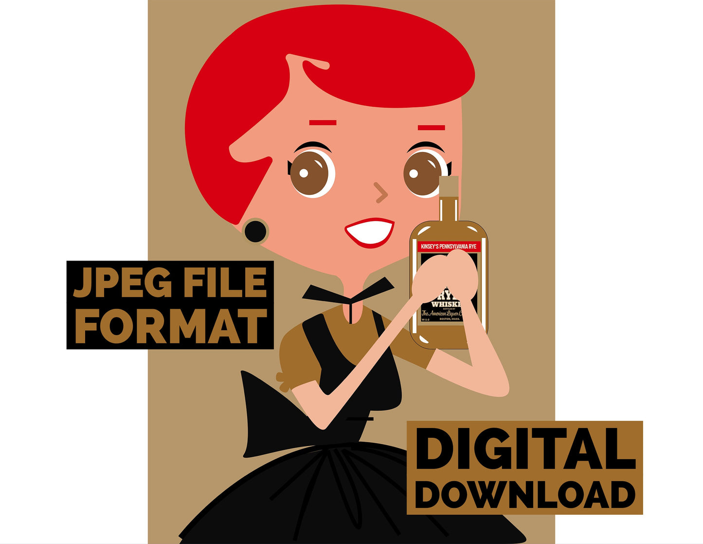 Digital Poster Download Vintage Redheaded Housewife with a Rye Whiskey Bottle Jpeg File Format
