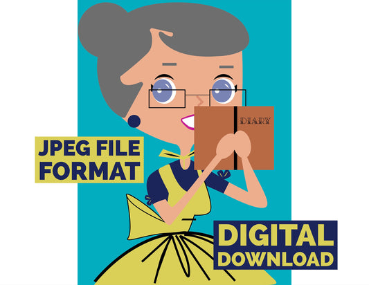Digital Poster Download Vintage Housewife Holding a  Diary Jpeg File Format